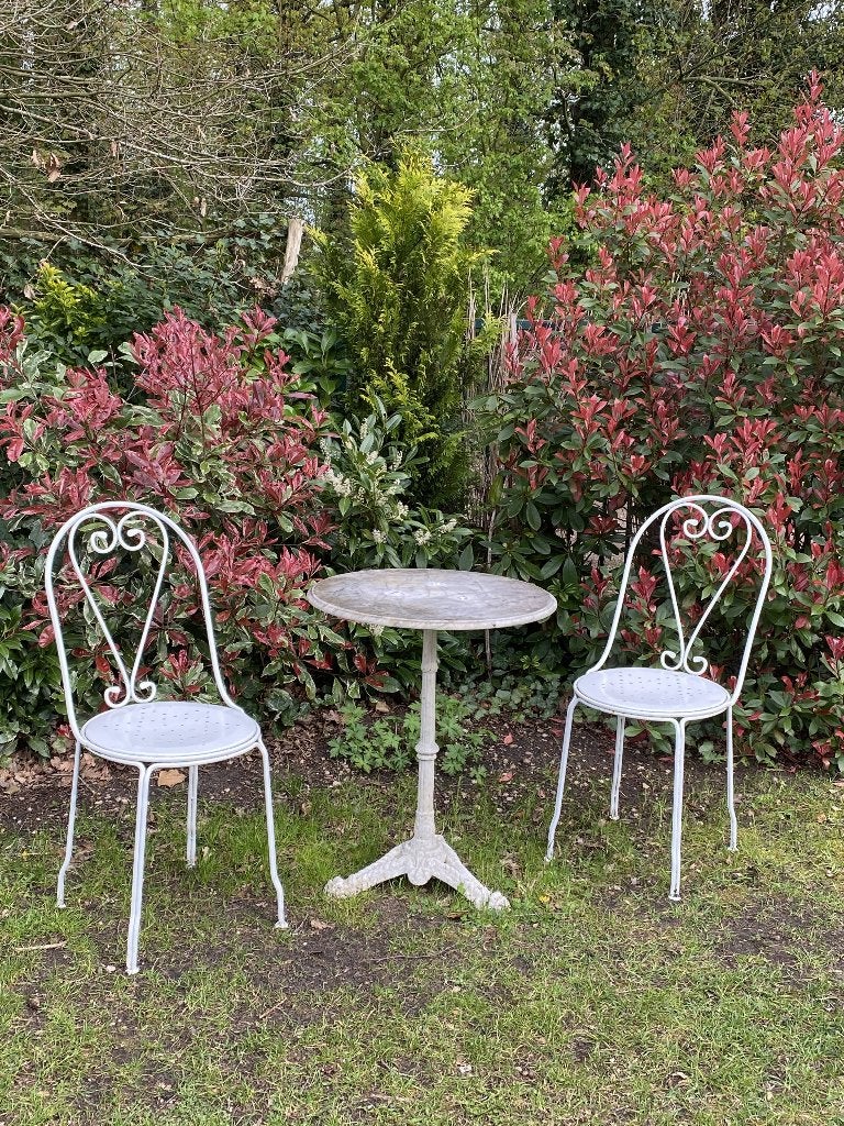 Sierlijke bistro tuinset | marmeren tafel + 2 stoelen, Overige materialen, Zo goed als nieuw, Tuinset, Eettafel