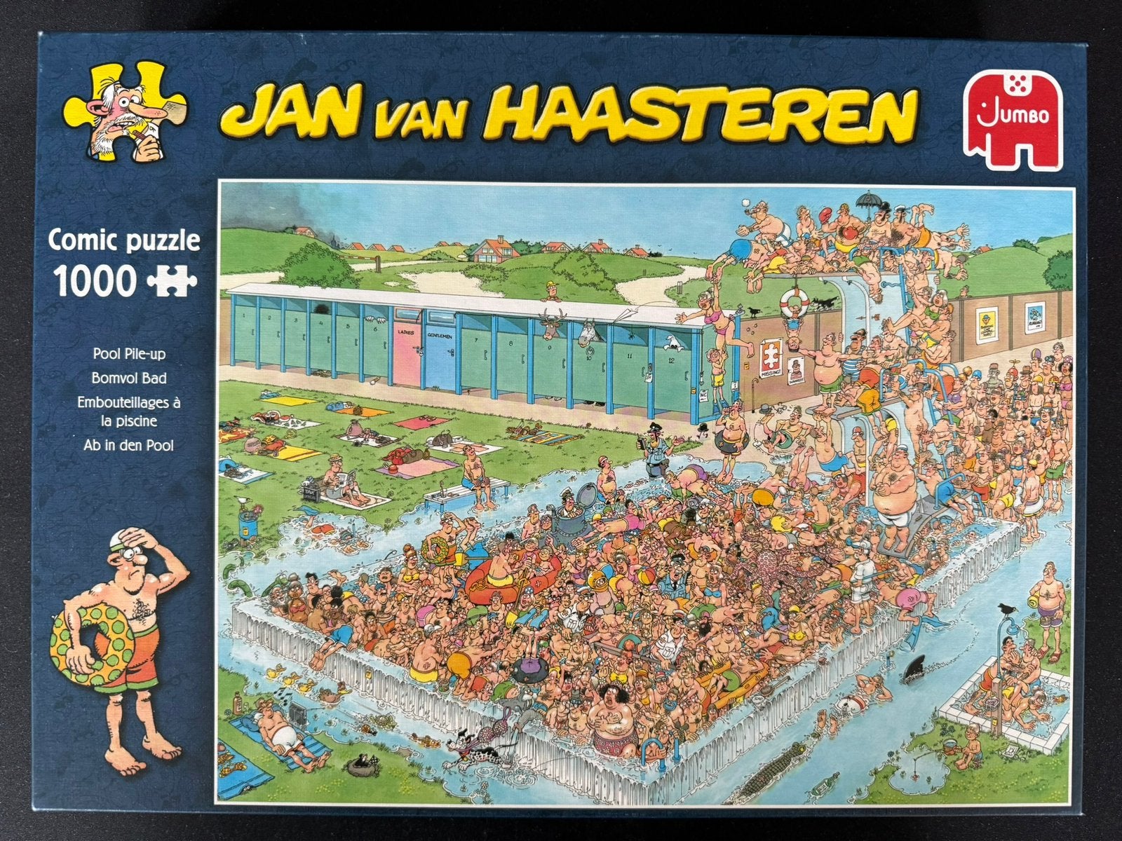 Jan van Haasteren ‘FUN AROUND THE POOL!!!!’Zie omschrijving., Ophalen of Verzenden, 500 t/m 1500 stukjes, Zo goed als nieuw, Legpuzzel