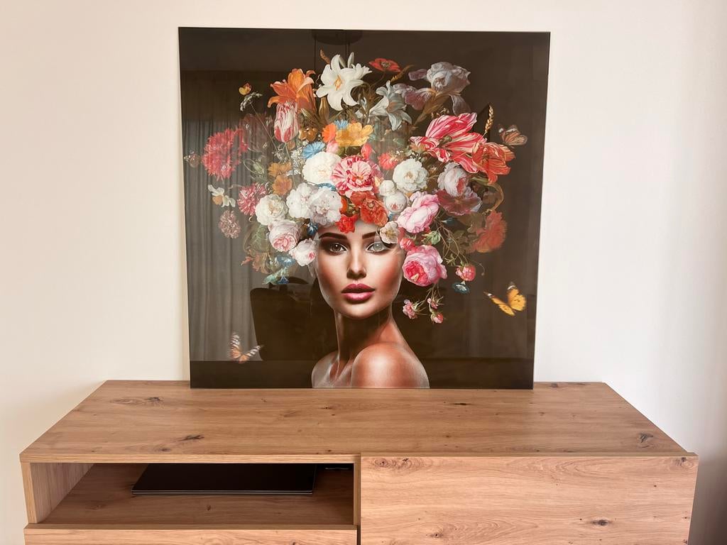 Glazen schilderij vrouw met bloemen 80x80 cm, Ophalen
