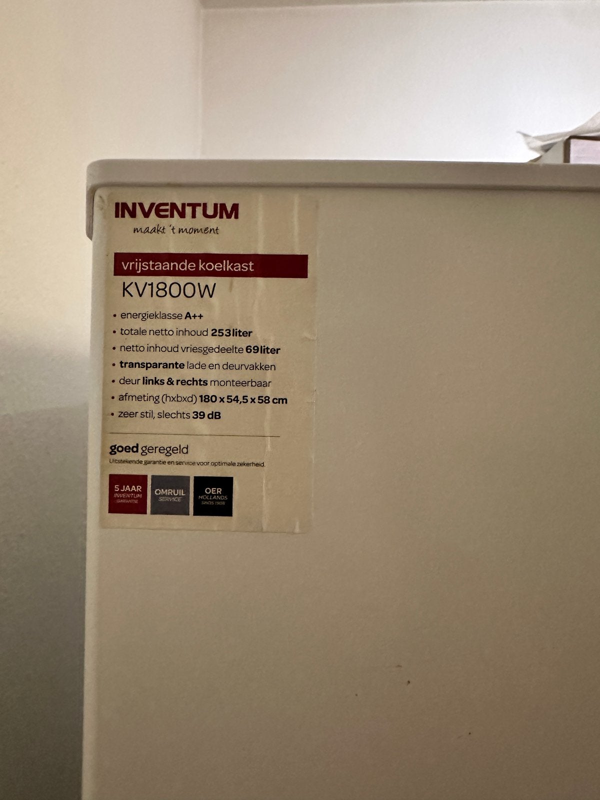 Inventum KV1800W Vrijstaande Koel-vriescombinatie, Ophalen, Gebruikt, 200 liter of meer, Met aparte vriezer