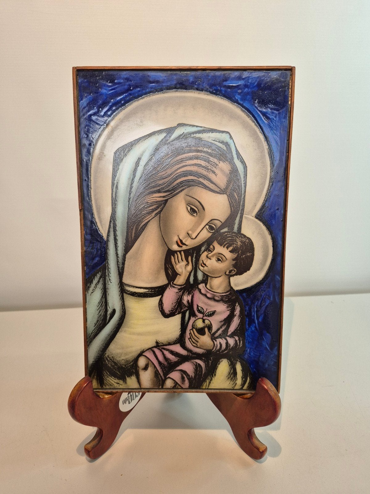 Mooie maria met kindje jezus van glas in houten lijst, Ophalen of Verzenden