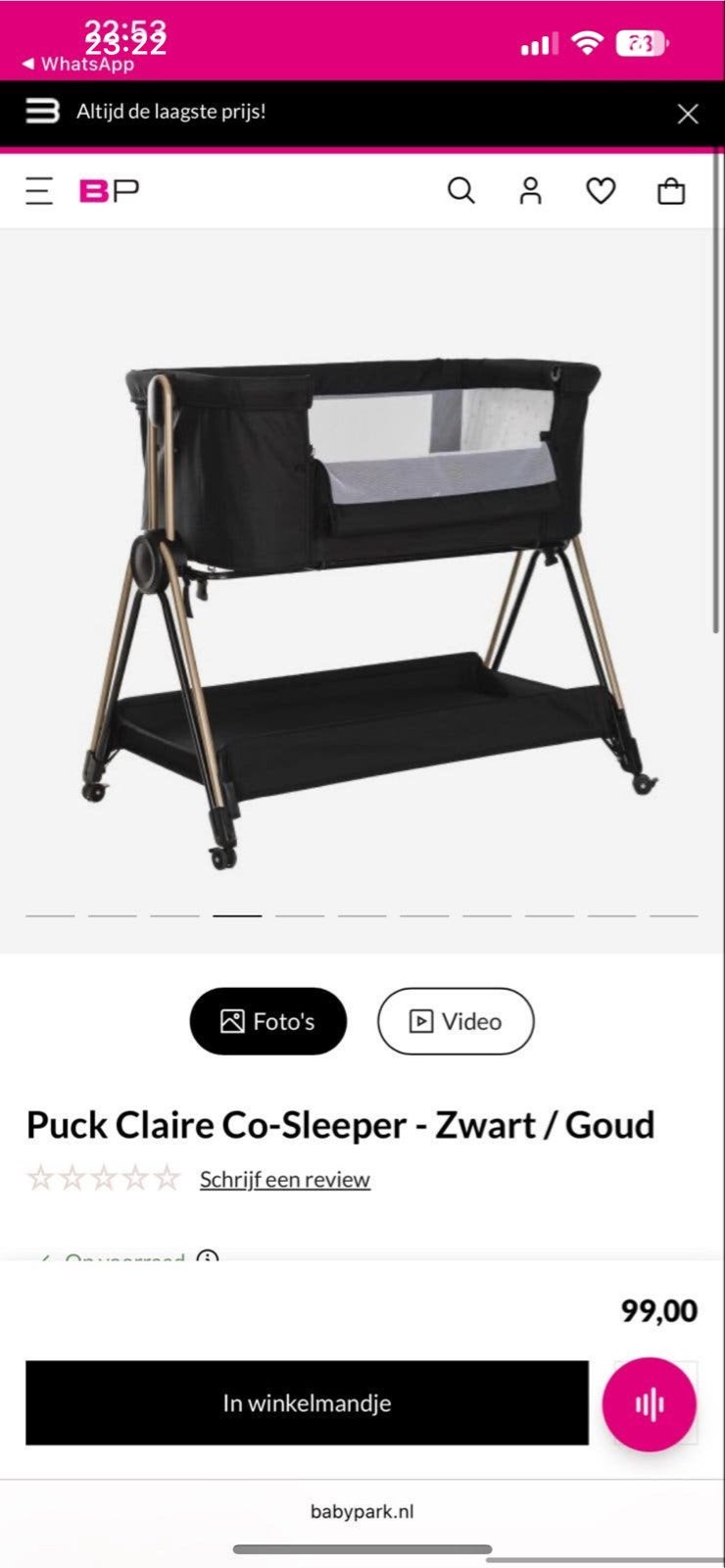 Puck Claire Co-Sleeper - Zwart / Goud, Kinderen en Baby's, Babywiegjes en Ledikanten, Ophalen of Verzenden, Zo goed als nieuw