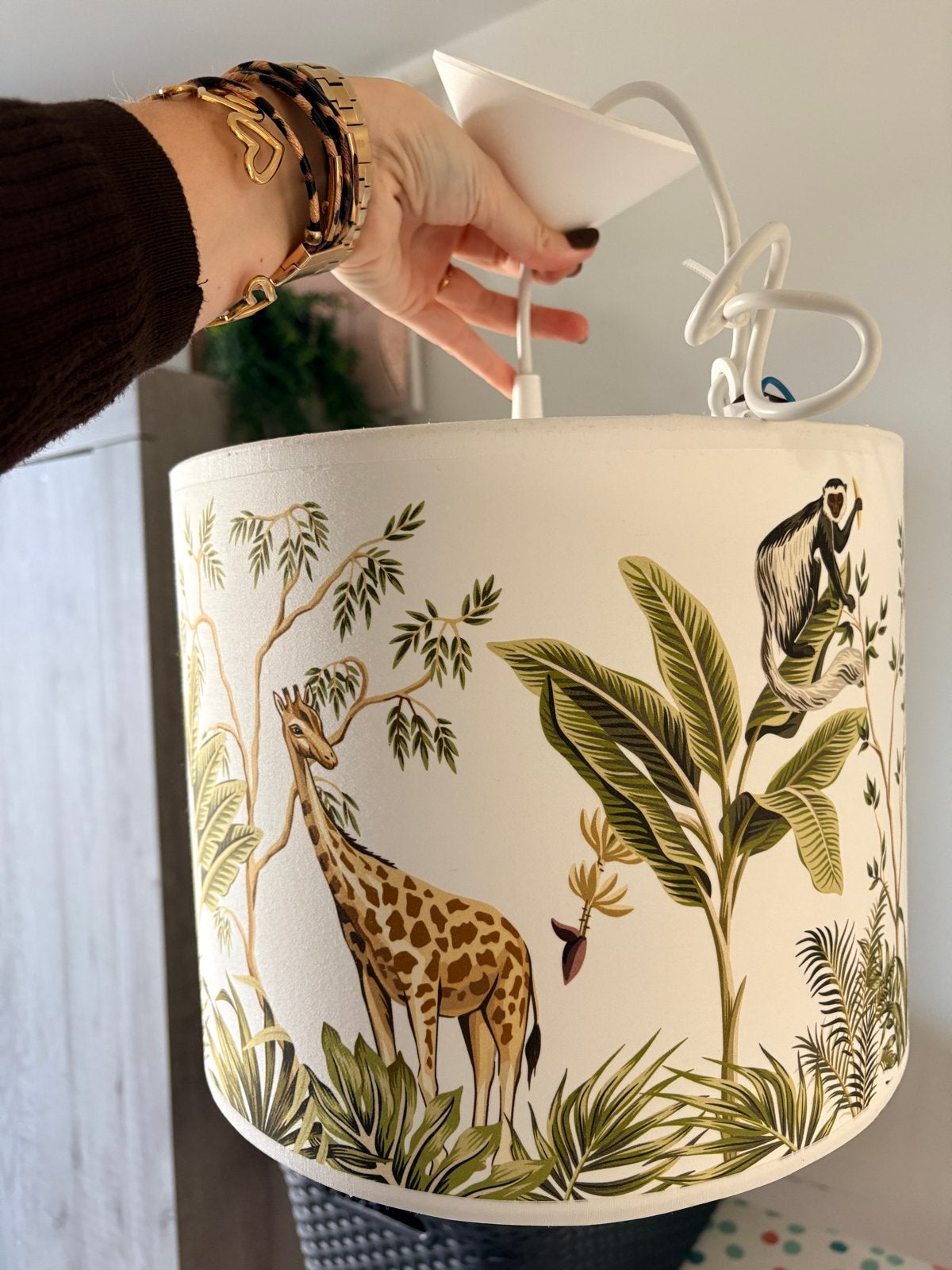Hanglamp met jungleprint - Giraffe en Apen, Ophalen, Zo goed als nieuw, Textiel, E27 (groot)