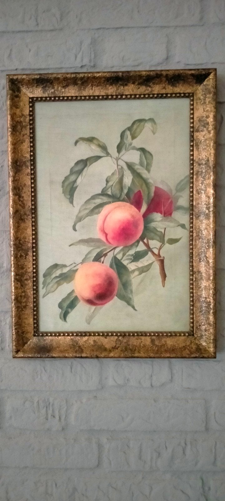 Schilderij met perziken in gouden lijst., Handgeschilderd, Doek, Stilleven, Ophalen of Verzenden