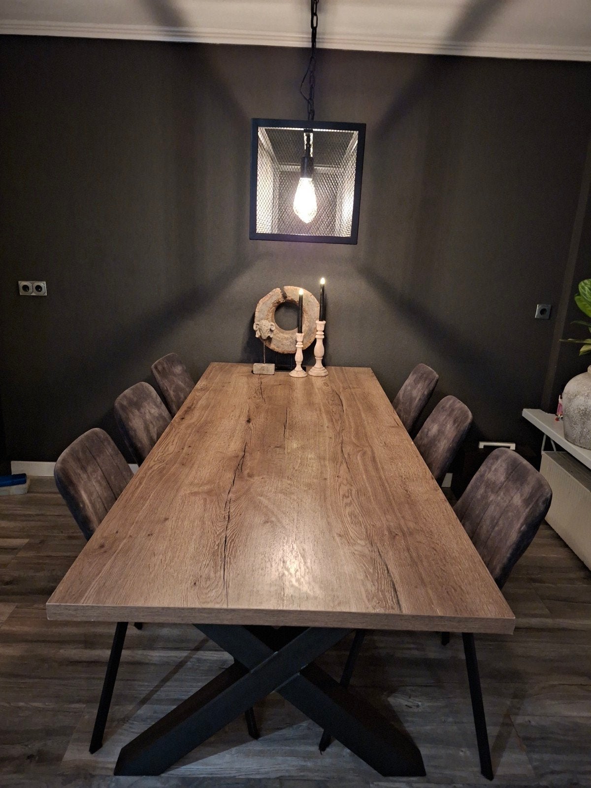 Eettafel met gegalvaniseerd ijzeren onderstel - 220x95 cm, Gebruikt, 200 cm of meer, 50 tot 100 cm, Vijf personen of meer