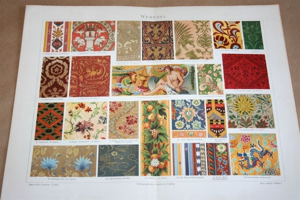 Antieke kleurenprent - kunstmotieven voor weven - 1900, Verzamelen, Foto's en Prenten, Ophalen of Verzenden, Voor 1940, Zo goed als nieuw