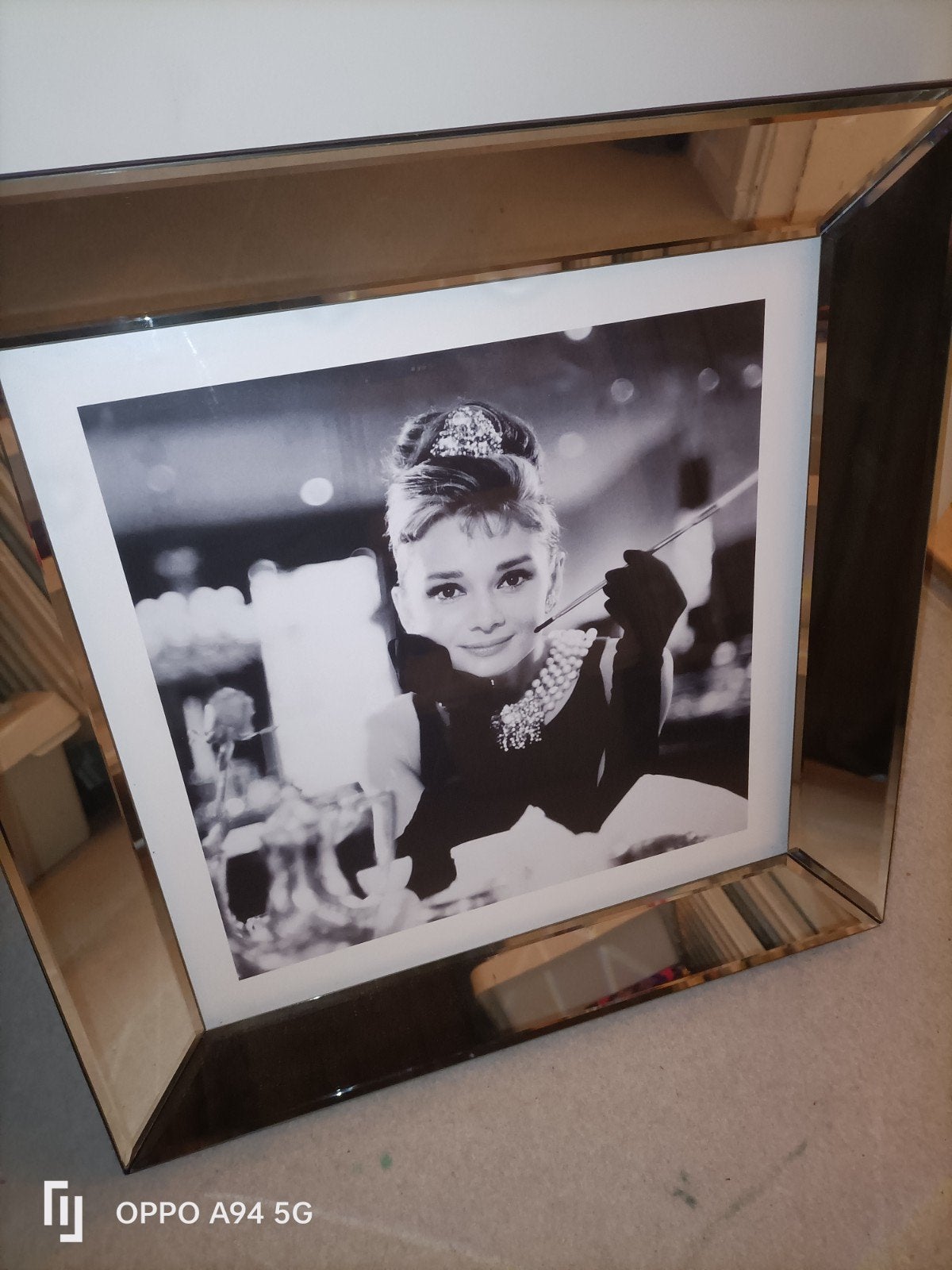 Spiegellijst met Audrey Hepburn, Huis en Inrichting, Gebruikt, Ophalen of Verzenden, Glas, Zilver