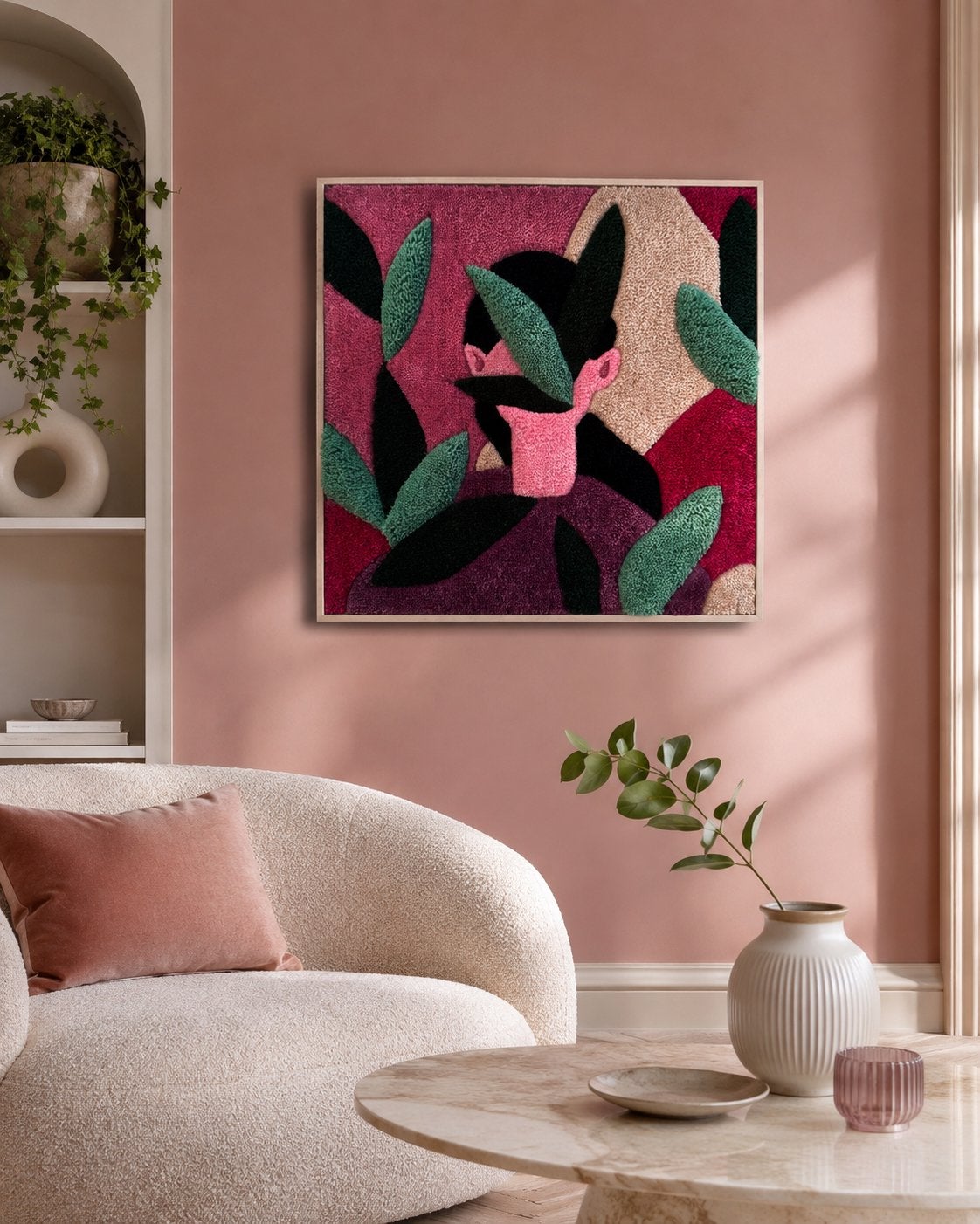 🍃 Nieuw getuft werk “thoughts” collectie in roze lijst, Ophalen of Verzenden, Nieuw, Gesigneerd, Wandkleed