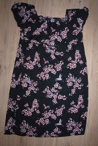 Zwarte Jurk met Bloemen en Vogels van Jean Pascale (38), Kleding | Dames, Maat 38/40 (M), Zwart, Ophalen of Verzenden, Zo goed als nieuw
