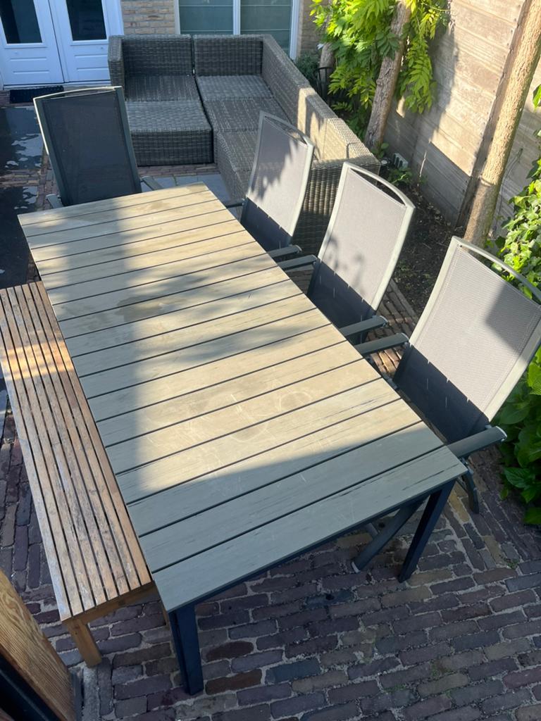 Tuintafel+4 stoelen+houte bank, Ophalen, 4 zitplaatsen, Gebruikt, Bank