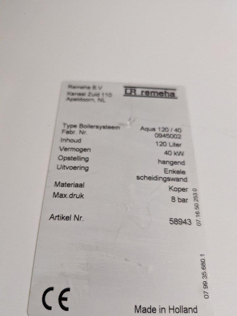 Remeha 120L 40 kW Indirecte Boiler 8 Bar – Koper – CV Boiler, 100 liter of meer, Ophalen, Gebruikt, Boiler
