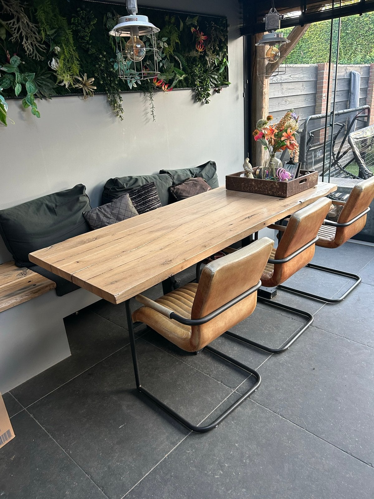 Robuuste Eiken Tafel 220x80x5cm en 3 leren stoelen, Ophalen, Eikenhout, 200 cm of meer, 50 tot 100 cm