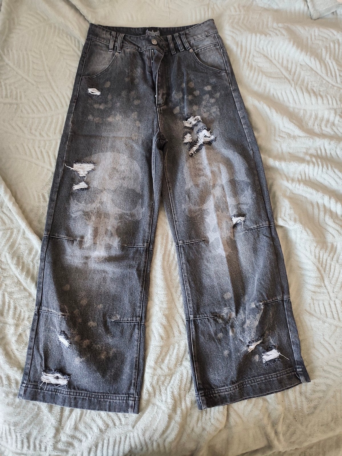 Bruised Ripped Barrel Jeans Black Y2K/Emo/Grunge/Alt, Verzenden, Nieuw, Maat 46 (S) of kleiner, Zwart