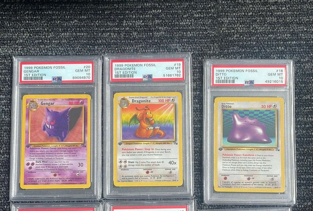 Gengar, dragonite, ditto psa10 1st fossil, Ophalen of Verzenden