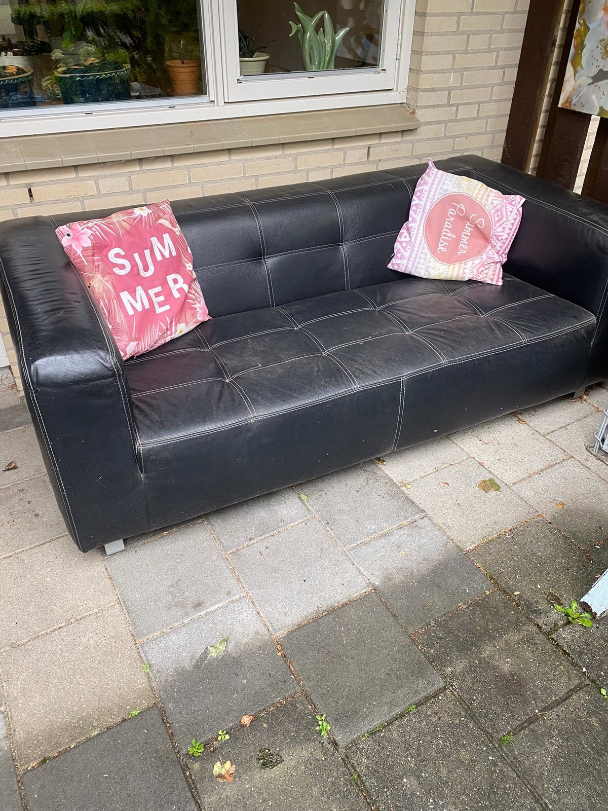 Zwart leren bankje 2,5 zits, Ophalen, Gebruikt, Minder dan 75 cm, 150 tot 200 cm