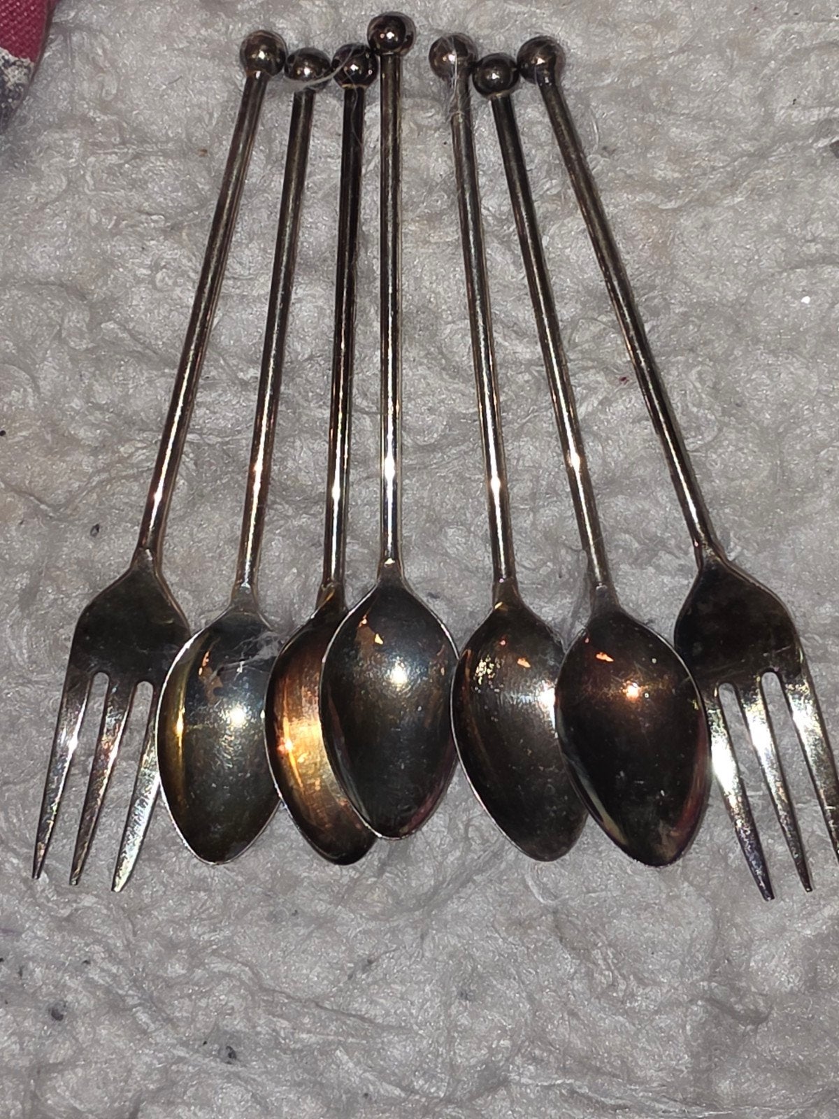 Vintage AH- 5xlepels/2xvorkjes met bolletjes verzilverd, Ophalen of Verzenden