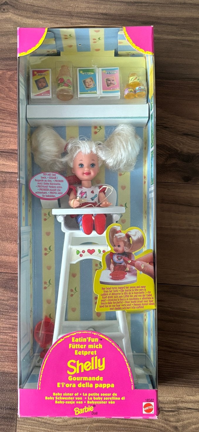 Shelly Barbie Eatin' Fun Mattel pop met kinderstoel, Ophalen of Verzenden, Nieuw, Pop