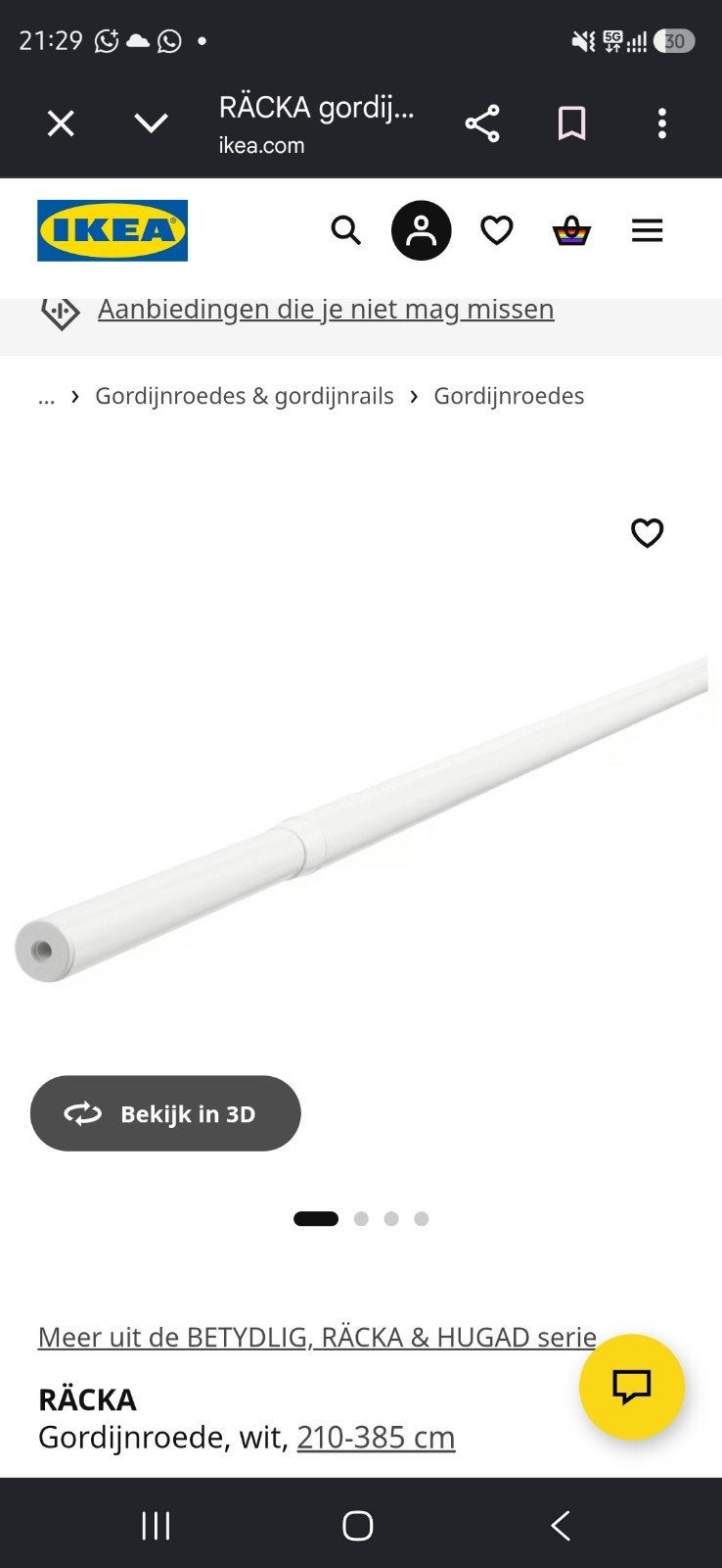 4x IKEA RÄCKA Gordijnroede Wit 210-385 cm, Ophalen, Inclusief montageonderdelen, Wit, Metaal