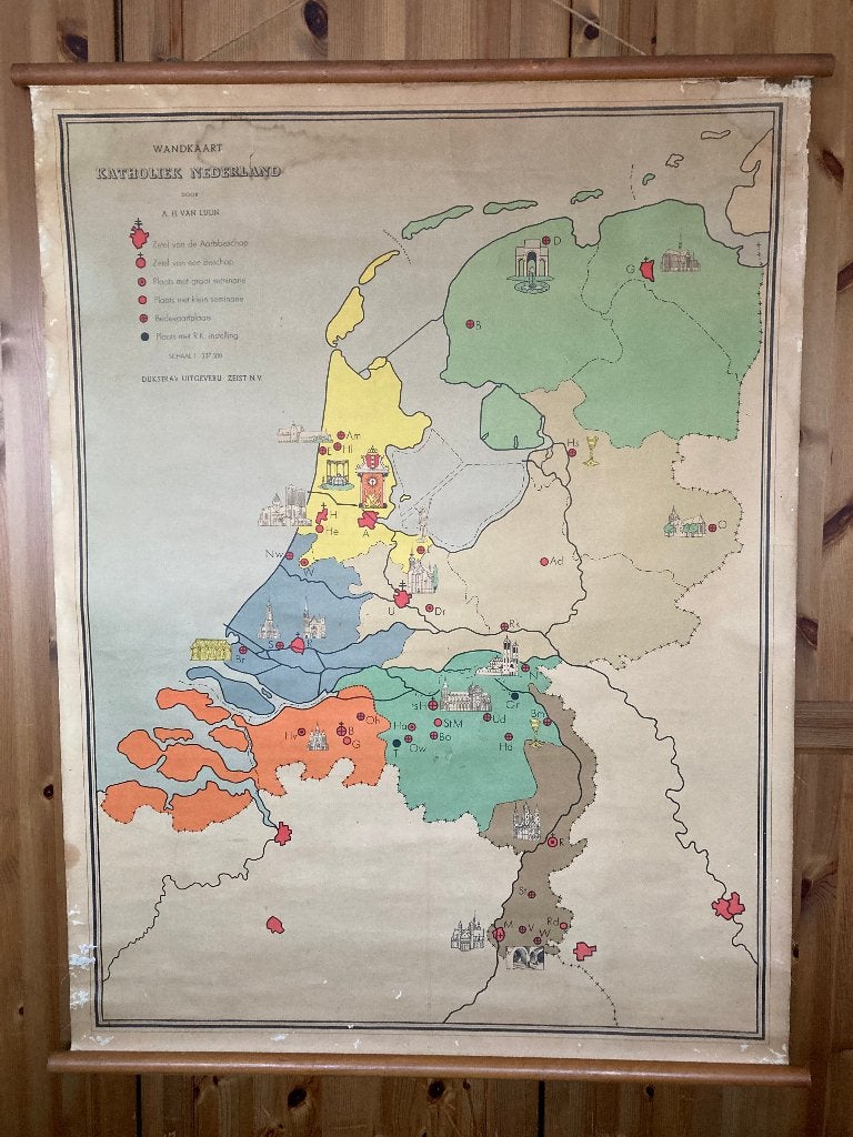Brocante schoolplaat - landkaart / Katholiek Nederland, Antiek en Kunst, Ophalen of Verzenden, Overige thema's