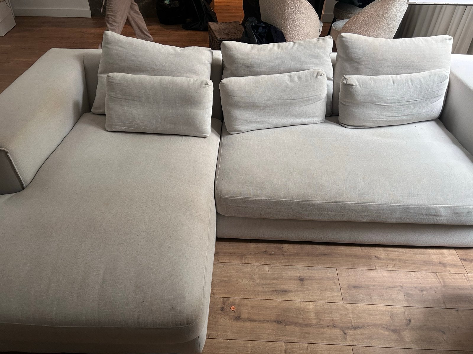 Comfortabele Hoekbank - Lichtbeige Stof, Ophalen, 250 tot 300 cm, Gebruikt, 100 tot 125 cm