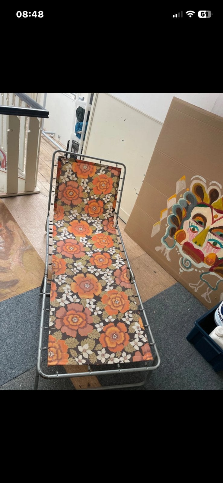 Vintage seventies bloemen campingbed stretcher, Ophalen, Gebruikt, Aluminium, Inklapbaar