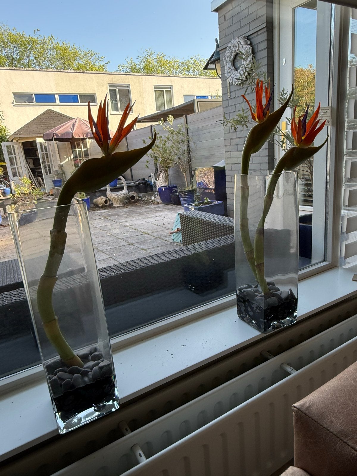 Set decoratie glazen vazen met kunst Strelitzia bloemen, Ophalen, Overige kleuren, 50 tot 75 cm, Glas