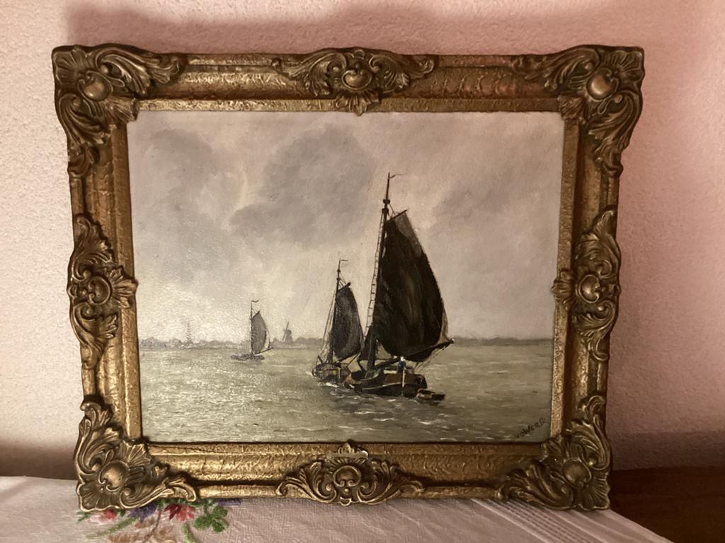 Oud Maritime Schilderij met Botters/Zeilschepen.Olie op Hout, Antiek en Kunst, Kunst | Schilderijen | Klassiek, Ophalen of Verzenden