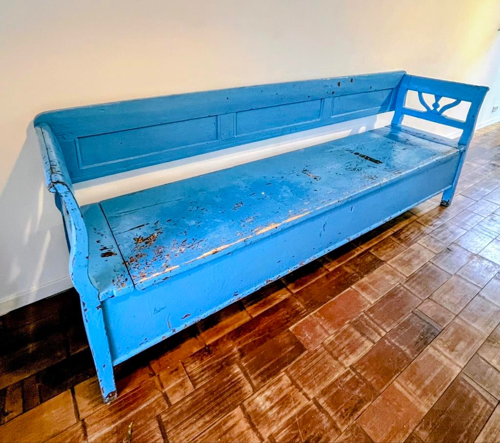 Antieke Hongaarse Klepbank - Vrolijk Boho Blauw, Ophalen, Gebruikt, Vierpersoons of meer