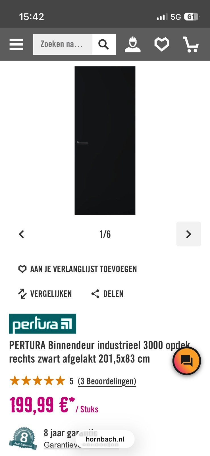 Pertura binnendeur industrieel opdek rechts zwart, Ophalen, Nieuw, Binnendeur, 200 tot 215 cm