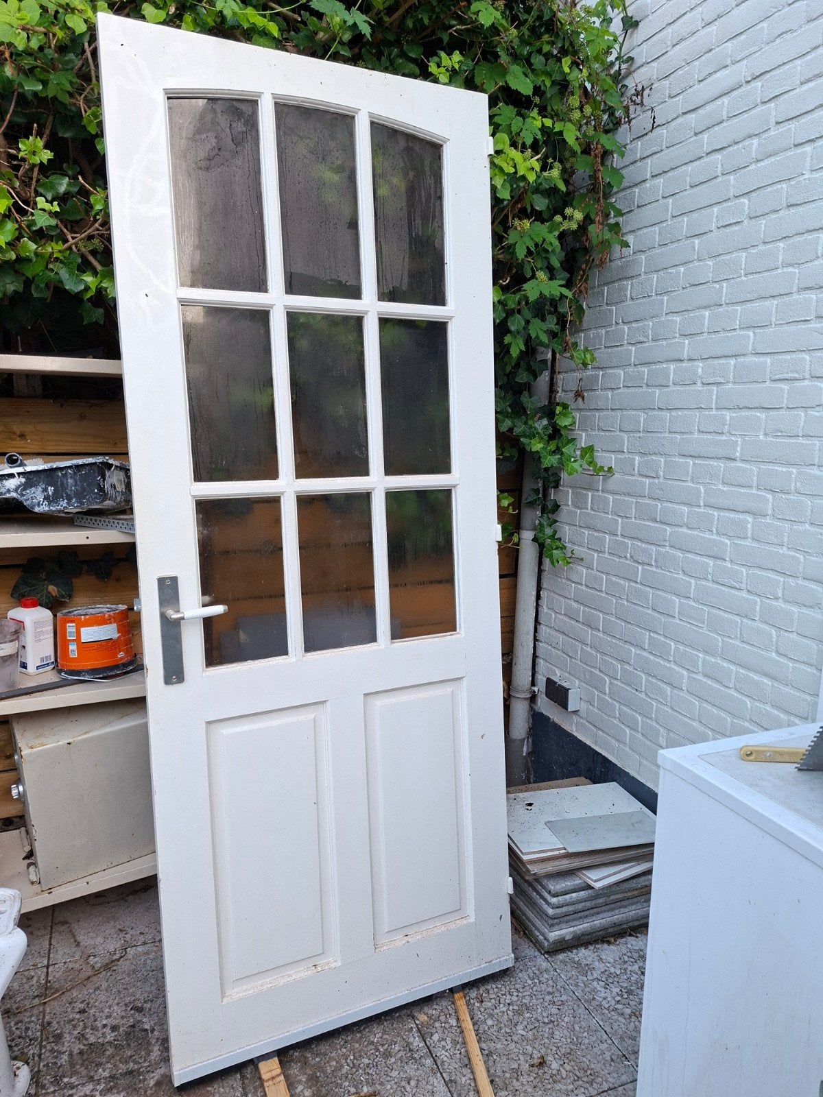 Witte houten binnendeur met glas, Ophalen, Gebruikt, 80 tot 100 cm, Binnendeur