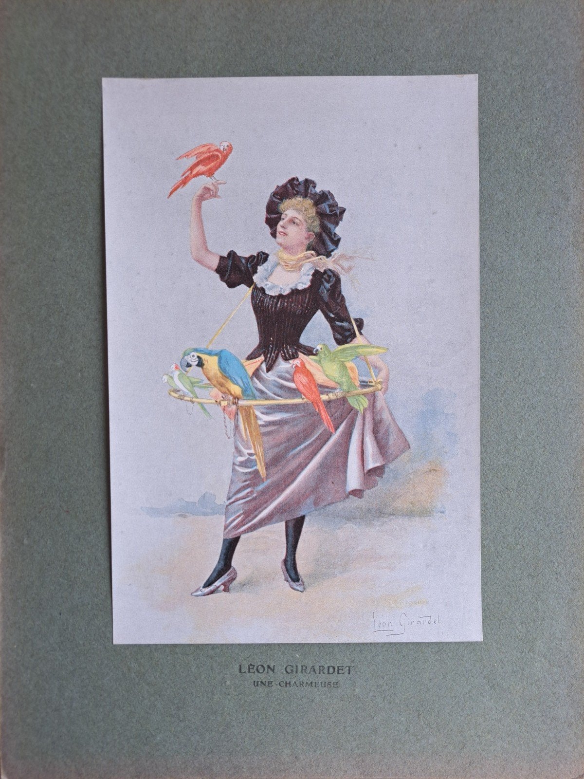 Antieke Litho 'Une Charmeuse' van Léon Girardet - Met vogels, Ophalen of Verzenden