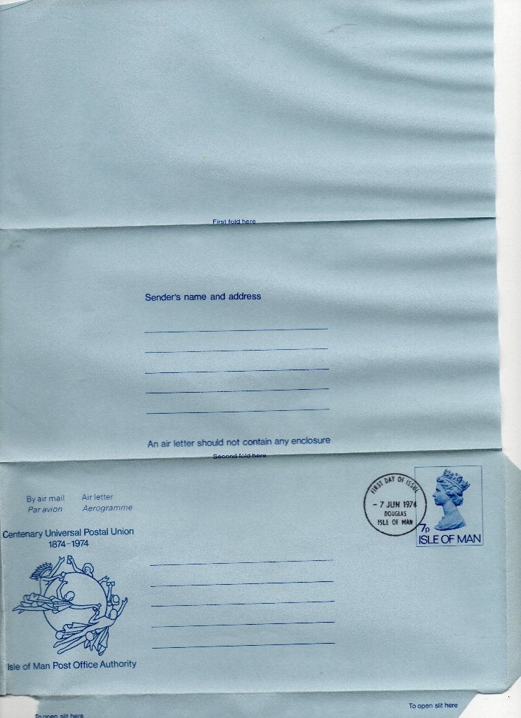 Isle of Man.  Aerogramme.  FDC 7 juni 1974, Ophalen of Verzenden, Onbeschreven, Rest van de wereld