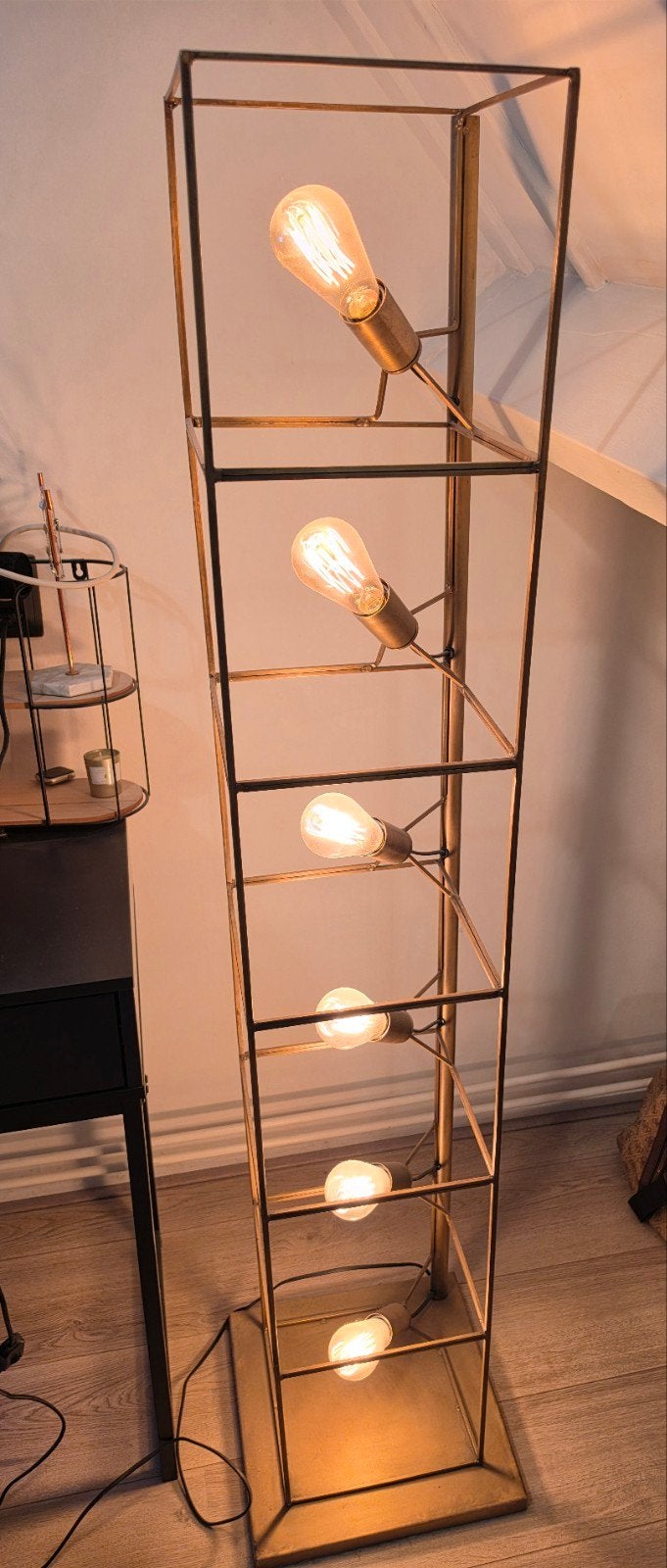 Industriële Staande Lamp - Goudkleurig Metaal, Ophalen, Industrieel, Modern, E27 (groot), Zo goed als nieuw