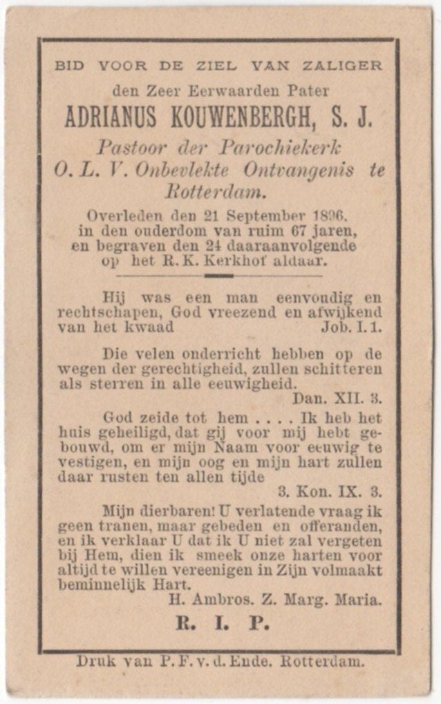 pastoor Adrianus Kouwenbergh 1829 Breda + 1896 Rotterdam, Ophalen of Verzenden