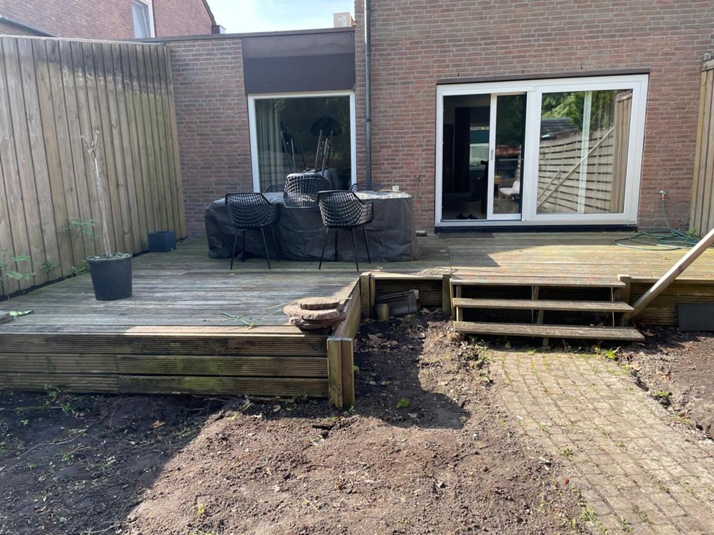 TEAB: Houten Vlonderplanken ca 30m2 - inclusief trap/frame, Ophalen, Gebruikt, Hout