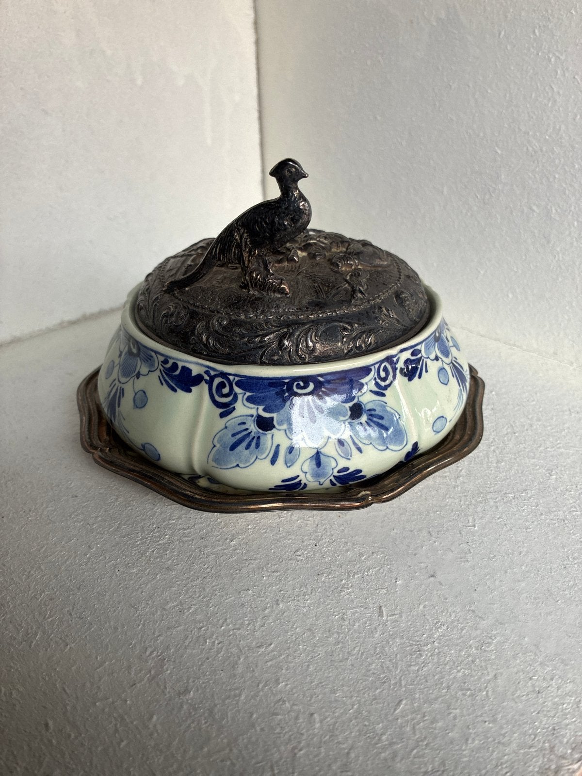 Antieke Delfts Blauw Boterpot met Zilveren Deksel, Ophalen of Verzenden