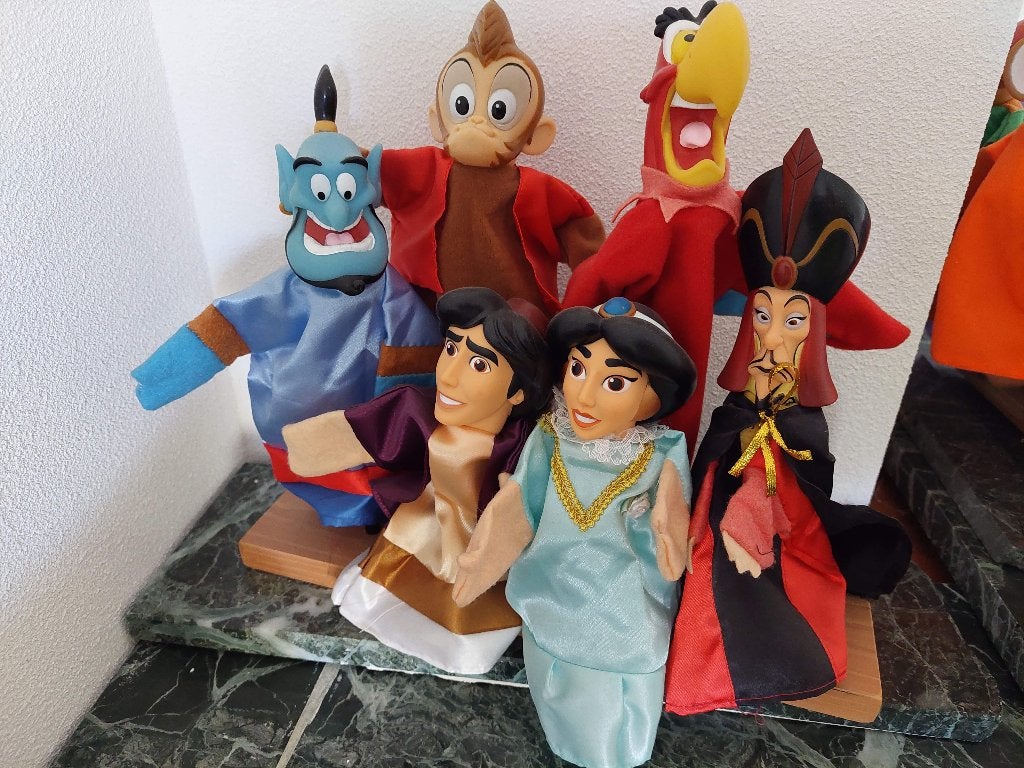 Disney Aladdin handpoppen Genie, Jafar, Aladdin, Jasmine, Verzenden, Overige figuren, Zo goed als nieuw, Knuffel