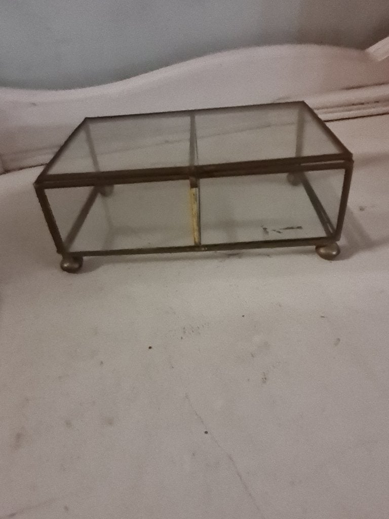 Vintage opberg doosje sierraden kistje glas met koper, Antiek en Kunst, Ophalen of Verzenden