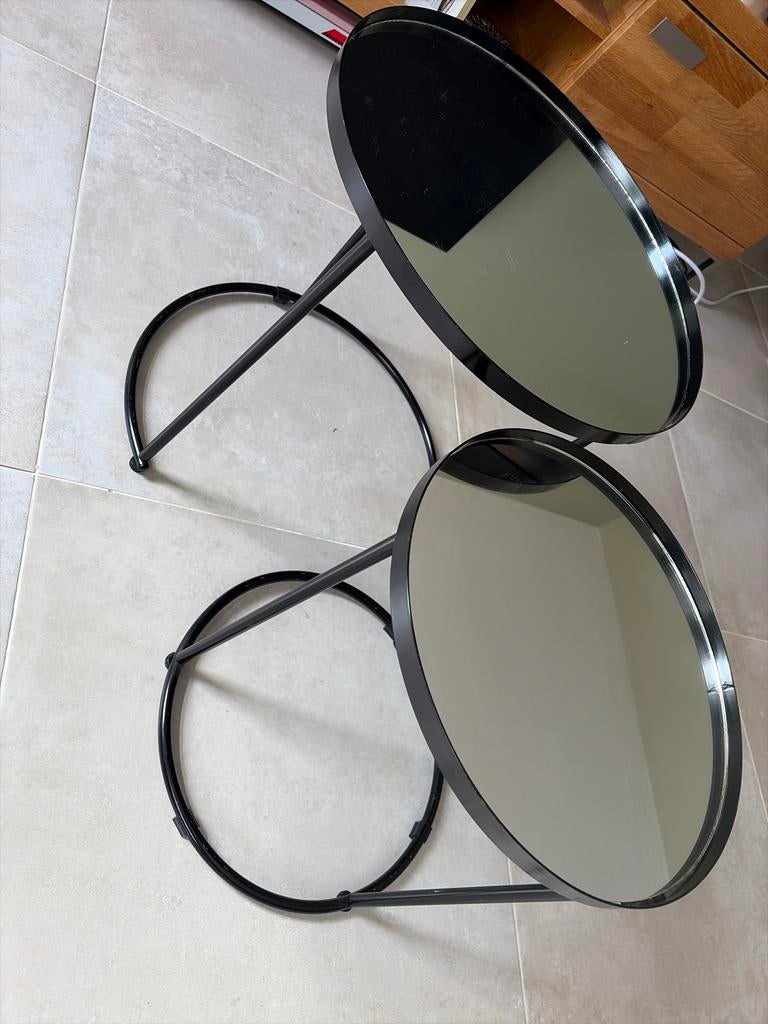 Set van 2 zwarte bijzettafels met spiegelblad - Xenos, Minder dan 55 cm, Gebruikt, Metaal of Aluminium, Rond