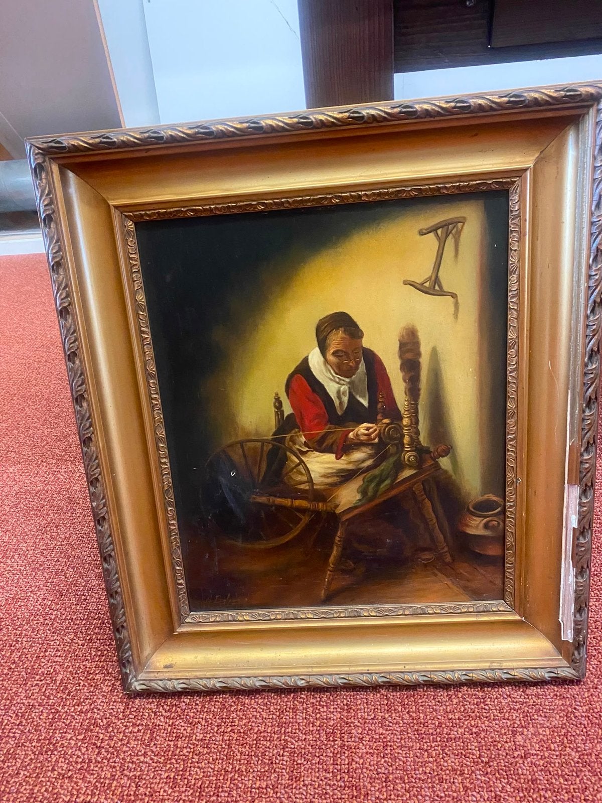 Klassiek schilderij: Vrouw aan het spinnewiel, Antiek en Kunst, Doek, Portret of Personen, Ophalen of Verzenden, Olieverf