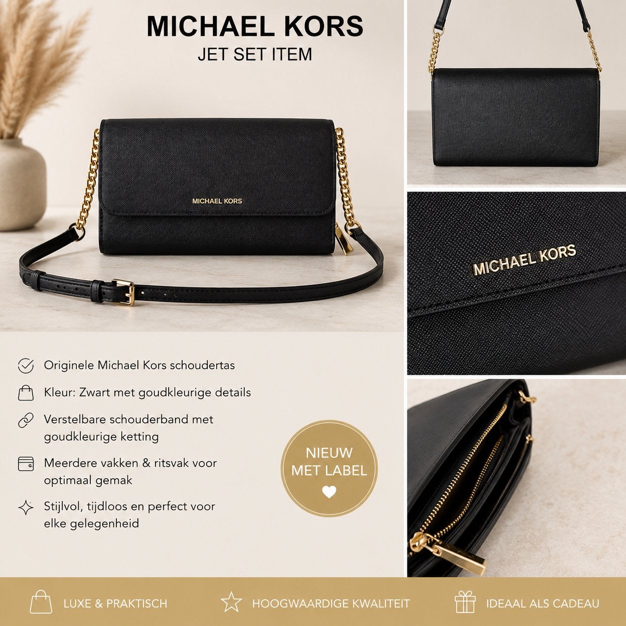 Michael Kors Jet Set Item Schoudertas Zwart Goud, Ophalen of Verzenden, Nieuw, Zwart, Schoudertasje