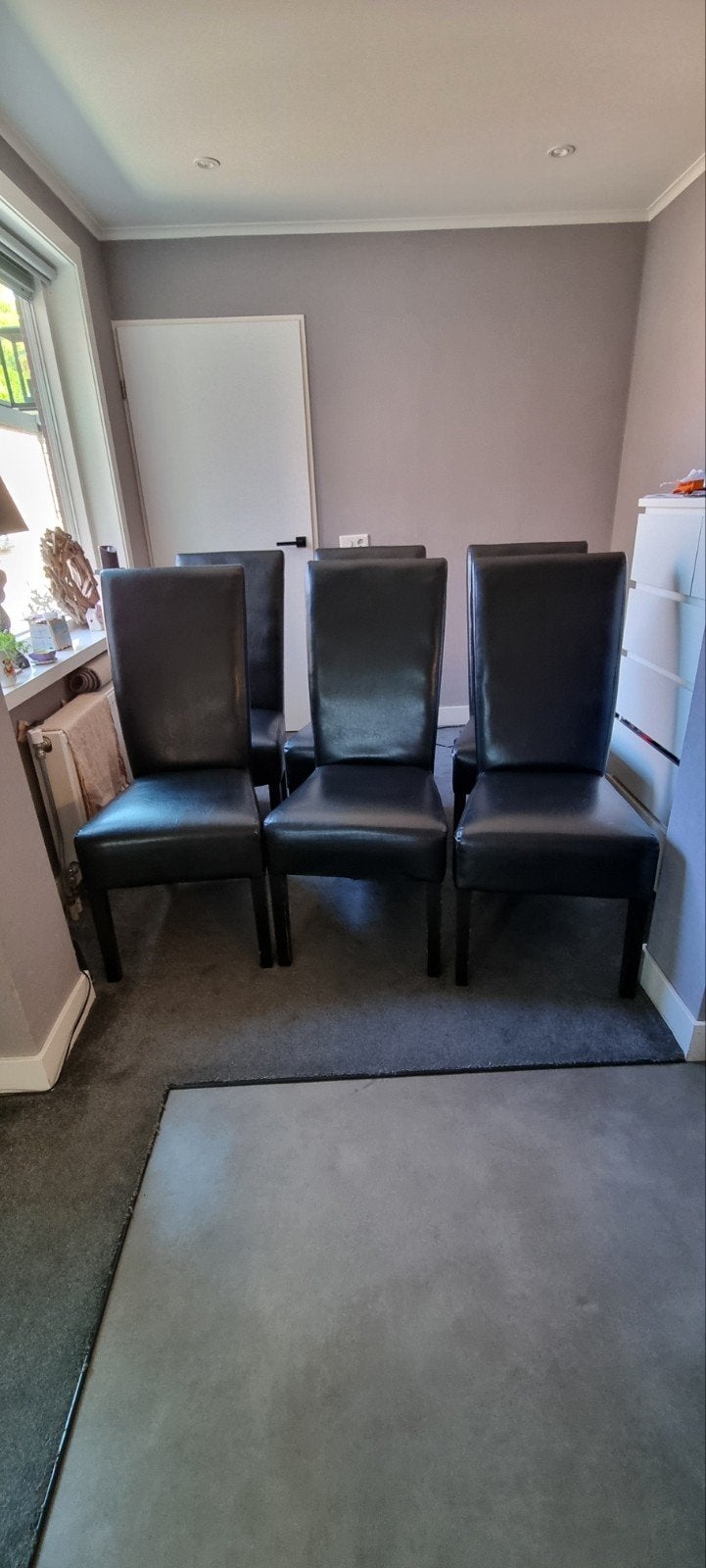 6 zwarte leren stoelen, Ophalen, Gebruikt, Zwart, Leer