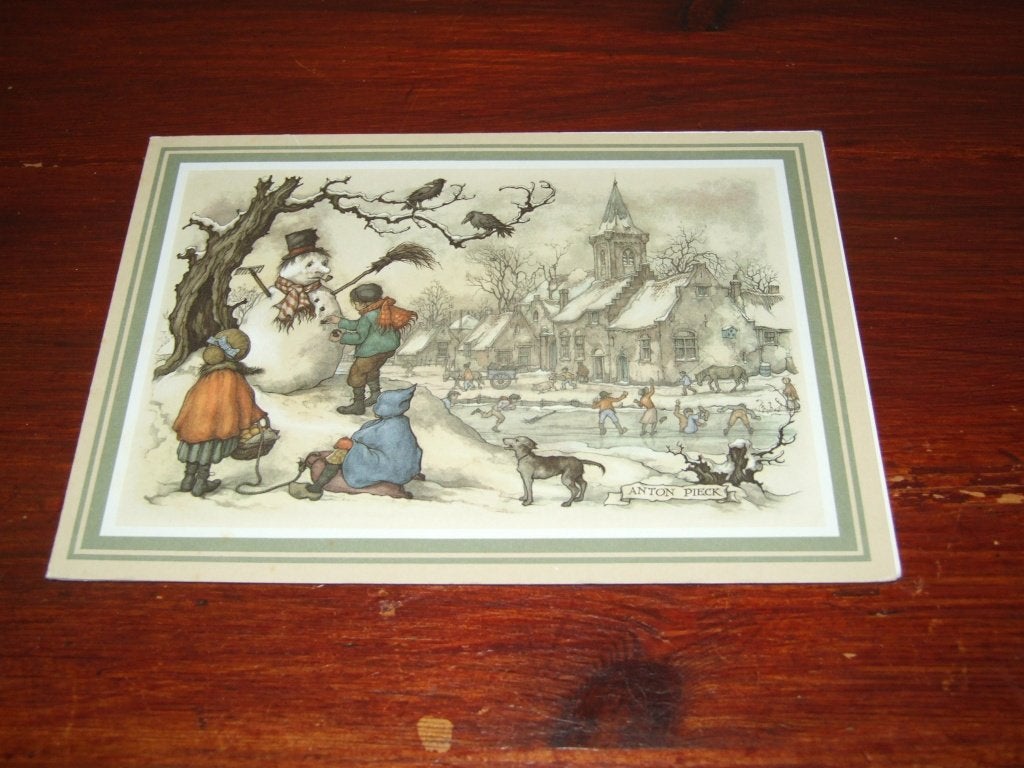 69- Anton Pieck: Wintertafereel met sneeuwpop en schaatsers, 1960 tot 1980, Gebruikt, Verzenden, Prent
