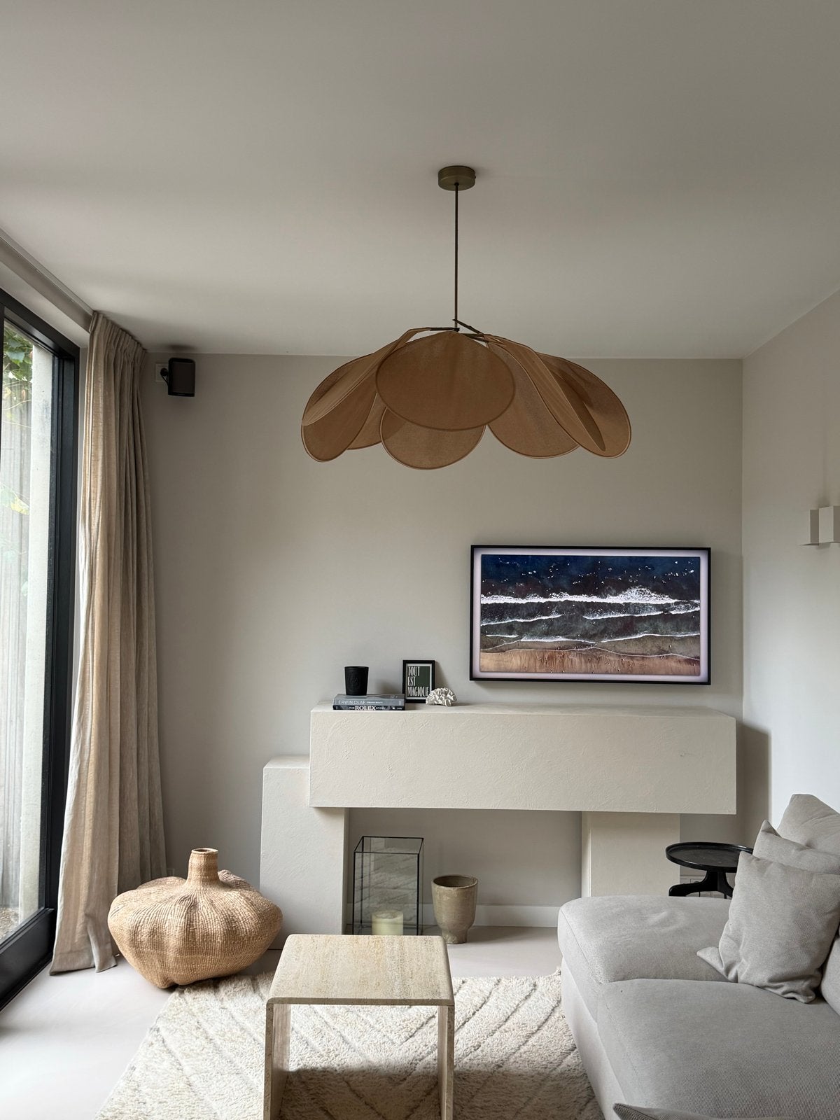 Georges hanglamp 8 ‘bladeren’, Ophalen of Verzenden, Zo goed als nieuw, Textiel, E27 (groot)