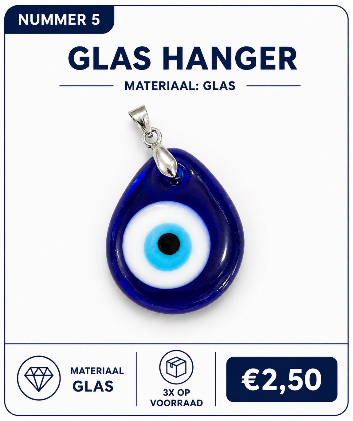 Glazen hanger 'Boze Oog' - Beschermende Amulet, Overige voorstellingen, Nieuw, Ophalen of Verzenden, Glas of Kristal