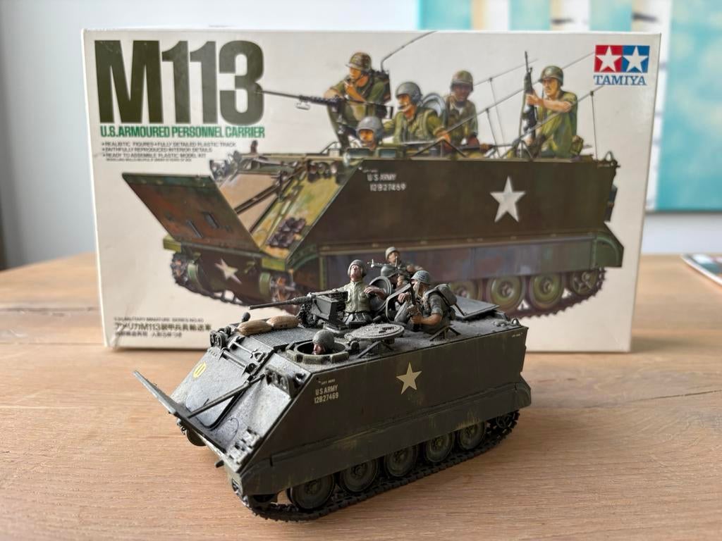 Vintage Tamiya 1:35 M113 US APC met crew en doos, Hobby en Vrije tijd, Modelbouw | Auto's en Voertuigen, Auto, 1:32 tot 1:50, Ophalen of Verzenden