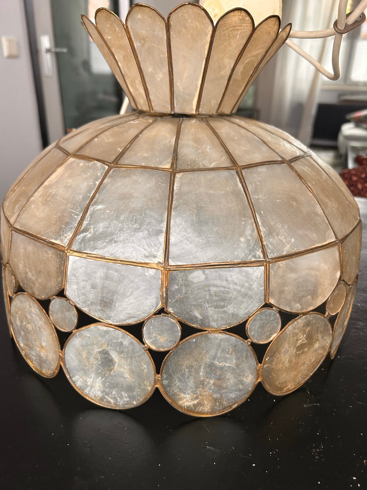 Vintage Capiz Schelpen Hanglamp Jaren '70, Ophalen, Gebruikt, Metaal