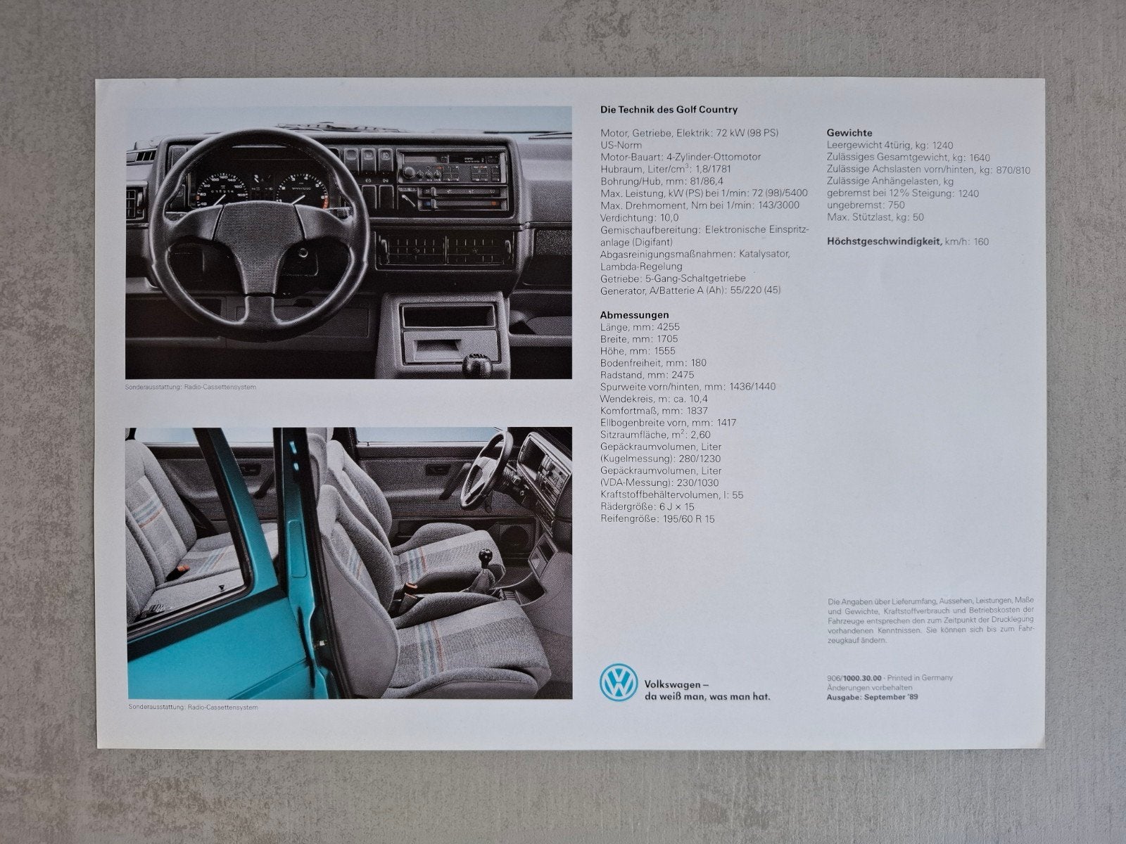 Volkswagen Golf Country sheet - 1989, Ophalen of Verzenden, Zo goed als nieuw, Volkswagen