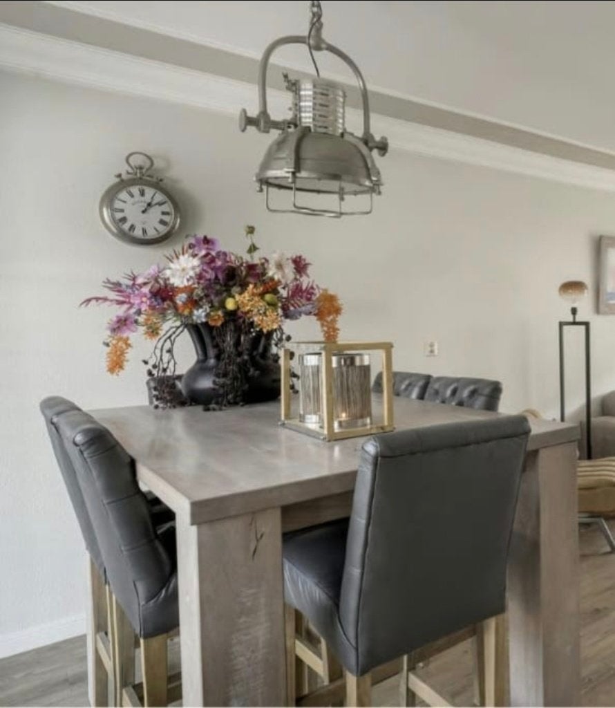 Eikenhoute bartafel met 6 leren stoelen, Huis en Inrichting, Tafels | Eettafels, Gebruikt, 100 tot 150 cm, 150 tot 200 cm, Vijf personen of meer
