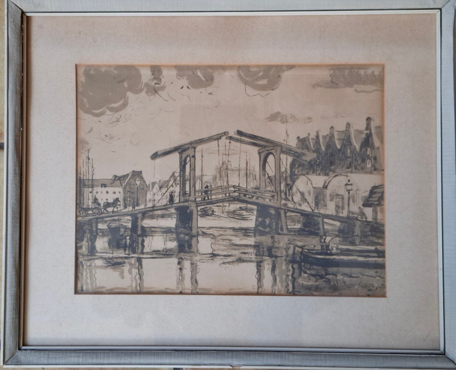 A'dam. Zicht op Gracht. Wilhelm Wagner (1887-1968). Ca 1920., Ophalen, Ingelijst, Overige onderwerpen, Lithografie